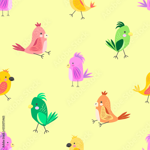 Colored parrots. Seamless pattern. Creative children s style for printing on fabric  paper  wallpaper  clothes. Vector illustration isolated on a yellow background.