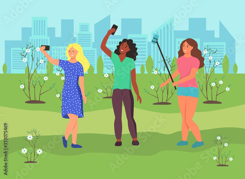 Young women take selfies in a spring Park against the background of flowering trees. Flat cartoon vector illustration.