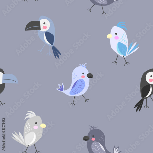Colored parrots and toucan bird. Seamless pattern. Creative children's style for printing on fabric, paper, wallpaper, clothes. Vector illustration isolated on a blue background.