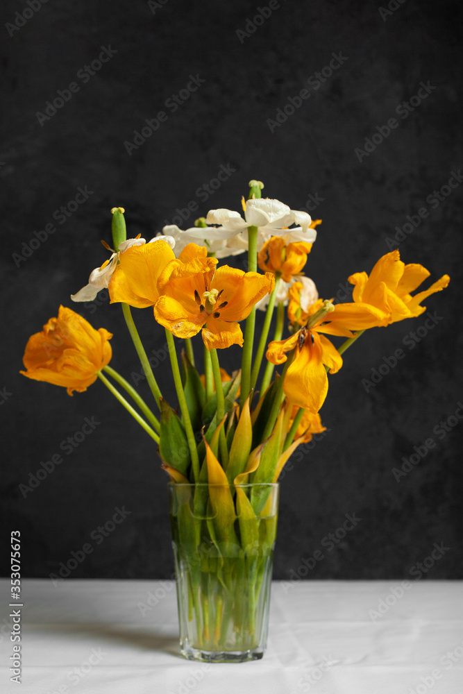 Bouqet of faded tulip flowers in glass vase on table.