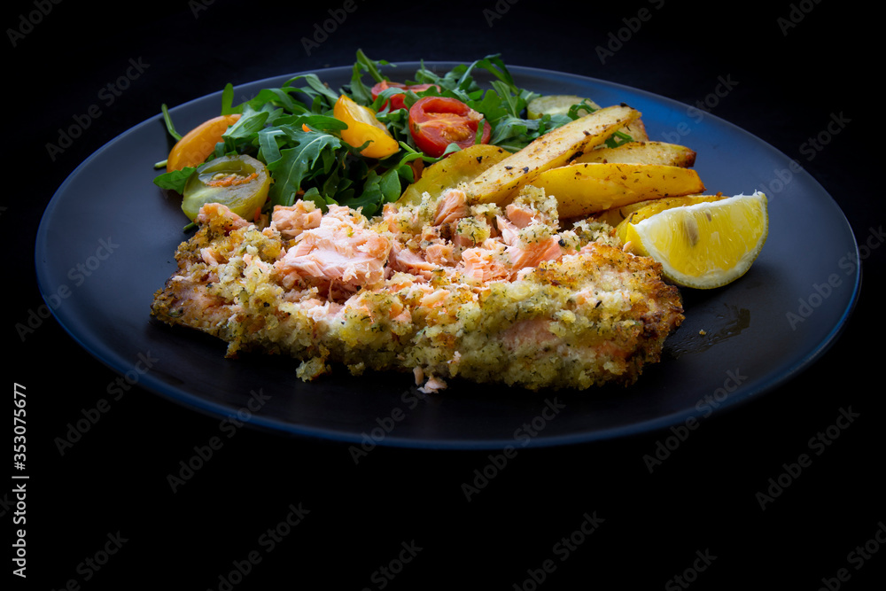 Lemon Herb Marinate Salmon covered Breadcrumb with chips Lemon Herb Marinate Salmon covered Breadcrumb with chips