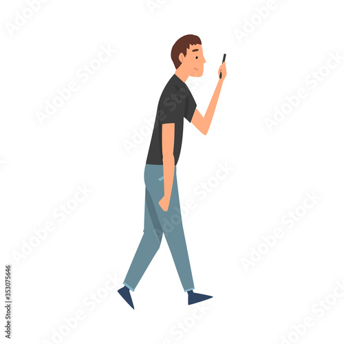 Young Man Walking Outside, Guy Looking at His Smartphone, Person Using Digital Gadget for Online Communication Vector Illustration