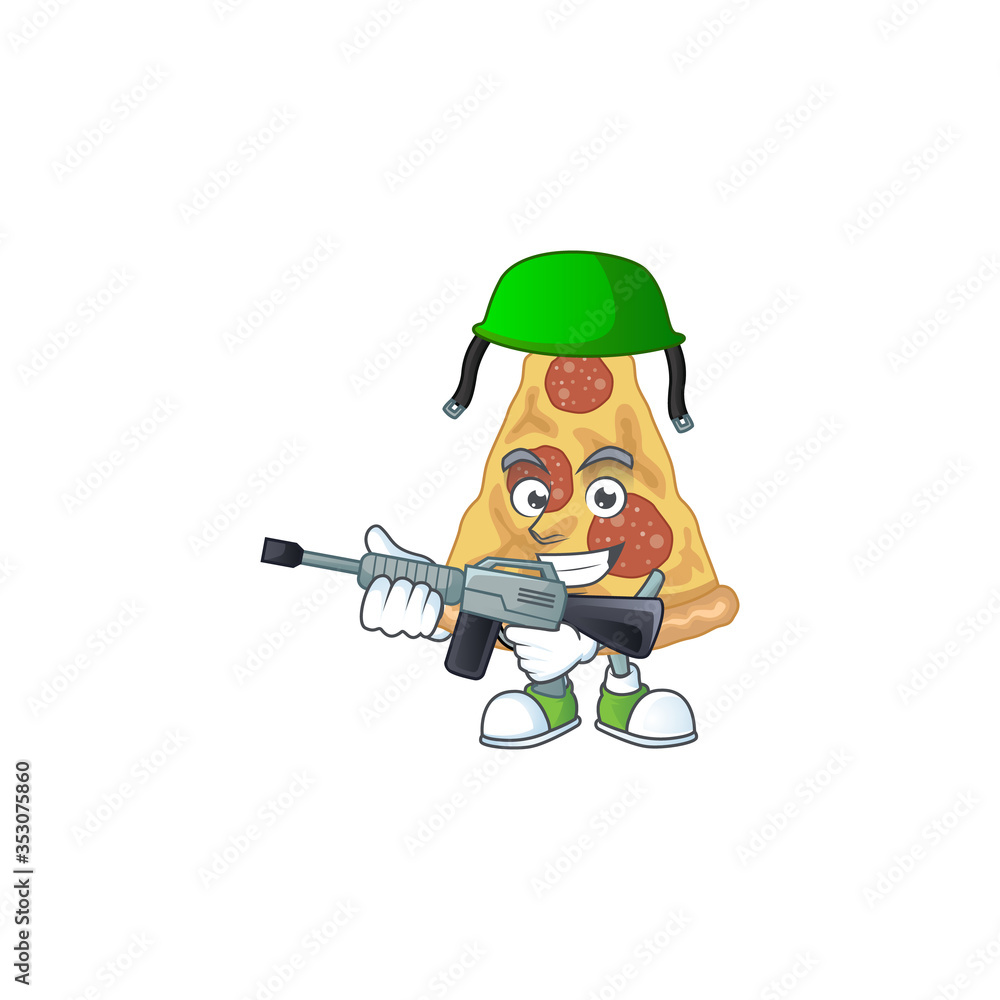 Naklejka premium A mascot design picture of slice of pizza as a dedicated Army using automatic gun