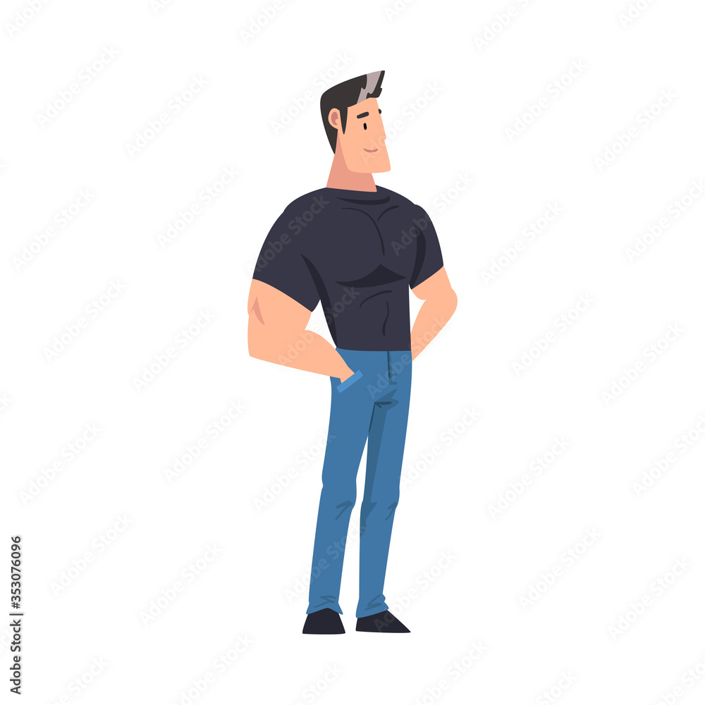 Young Muscular Man Standing with Hands in His Pockets, Guy Spending Time in Expectation Cartoon Vector Illustration