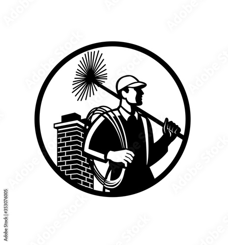 Chimney Sweep Holding Sweeper and Rope Circle Retro Black and White
