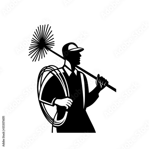 Chimney Sweep Holding Sweeper and Rope Side View Retro Black and White