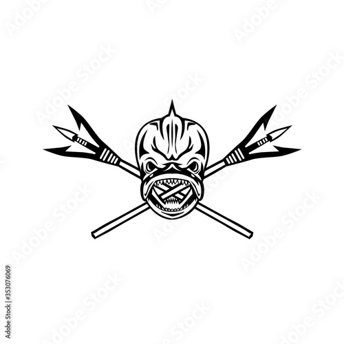 Skull of Mahi-Mahi Dorado Dolphinfish With Crossed Spearfishing Spear Retro Black and White
