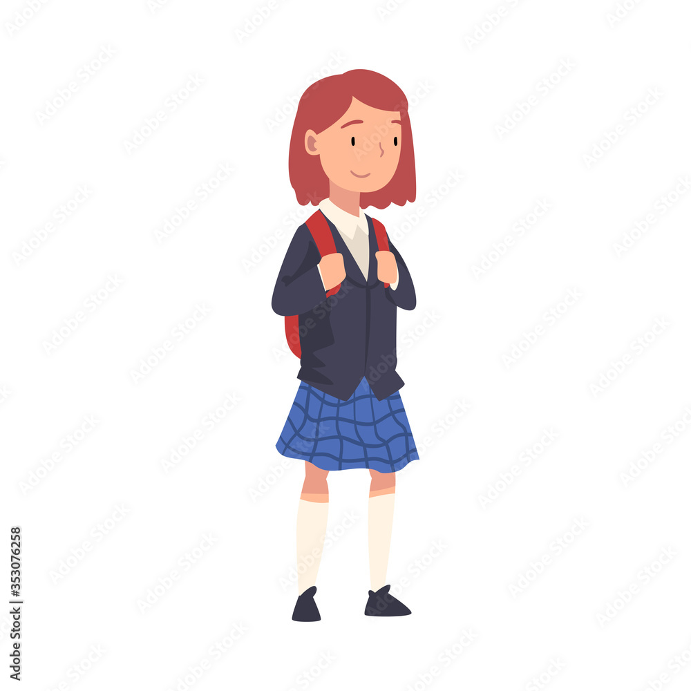 Cute Schoolgirl in Uniform Standing with Backpack, Girl Spending Time in Expectation Cartoon Vector Illustration Cute Schoolgirl in Uniform Standing with Backpack, Girl Spending Time in Expectation Cartoon Vector Illustration