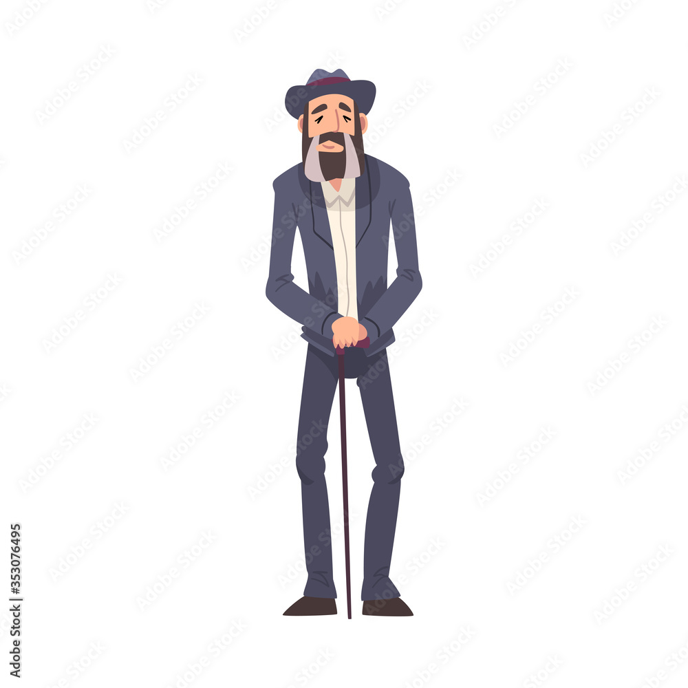 Mature Man Wearing Suit and Hat Standing with Walking Cane, Man Spending Time in Expectation Cartoon Vector Illustration