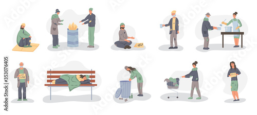 Set of characters poor people, beggars.The concept of poverty, misery, unemployment, volunteers. Flat cartoons vector illustration.