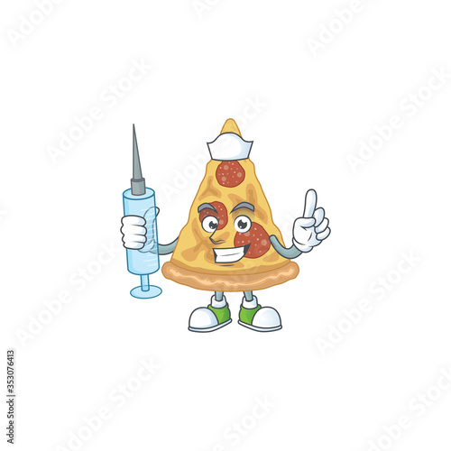 A humble Nurse slice of pizza Cartoon character holding syringe