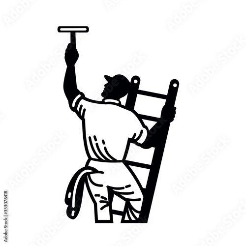 Window Cleaner on Ladder Cleaning Window Retro Black and White