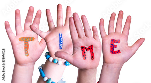 Children Hands Building Colorful English Word Time. White Isolated Background