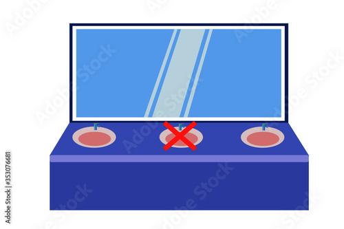 Wash basin in public rest room. Social distancing in public toilet. Save from coronavirus outbreak. Vector illustration in flat style.