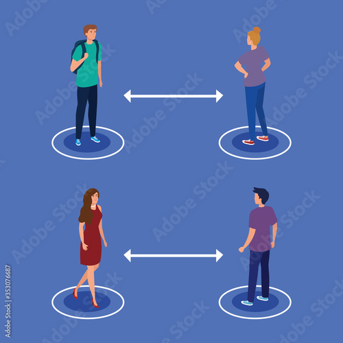 social distancing, keep distance in public society to people protect from covid 19, group young people vector illustration design