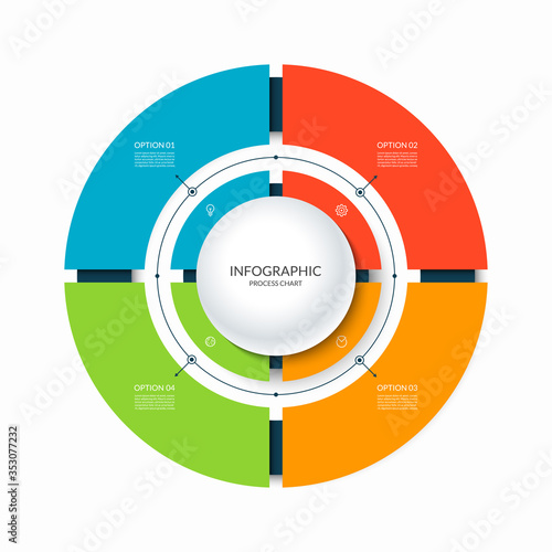 Infographic circular chart divided into 4 parts. Step-by step cycle diagram with four options.