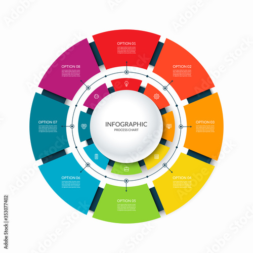 Infographic circular chart divided into 8 parts. Step-by step cycle diagram with eight options.