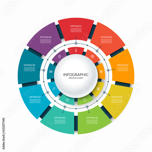 Infographic circular chart divided into 9 parts. Step-by step cycle diagram with nine options.