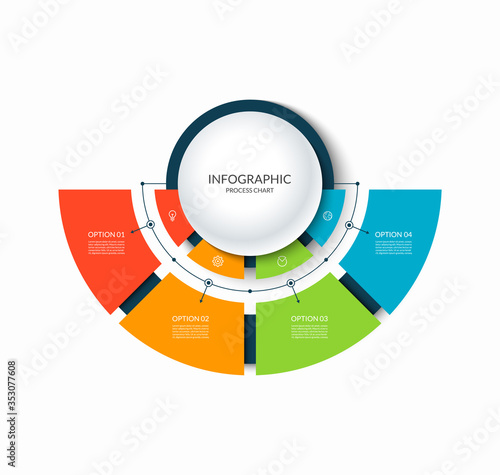 Infographic semi circular chart divided into 4 parts. Step-by step diagram with four options.