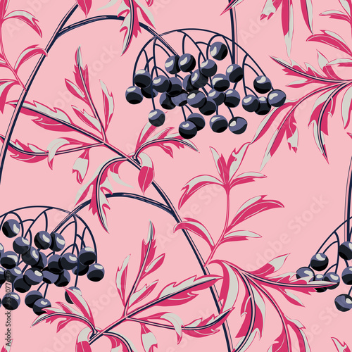 Black elderberry branch with berries and leaves on pink background. Vector seamless pattern.