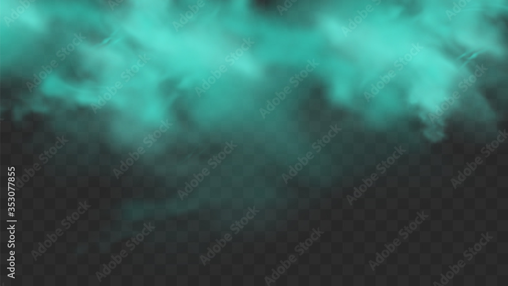 Blue smoke isolated on dark transparent background. Realistic blue magic mist cloud, chemical toxic gas, steam waves. Realistic vector illustration