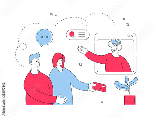 Couple communicating with support specialist of online store. Flat line vector illustration