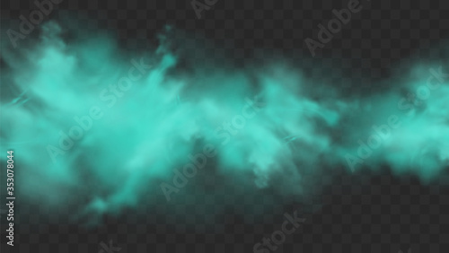 Blue smoke isolated on dark transparent background. Realistic blue magic mist cloud, chemical toxic gas, steam waves. Realistic vector illustration