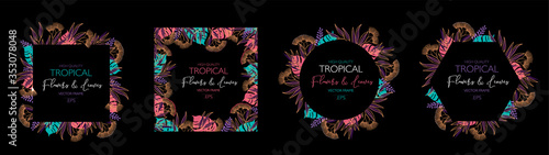 Summer card design. Save the date. Exotic tropic palm leaves and flowers. Invitation, poster, cover template. Geometric and floral frame.