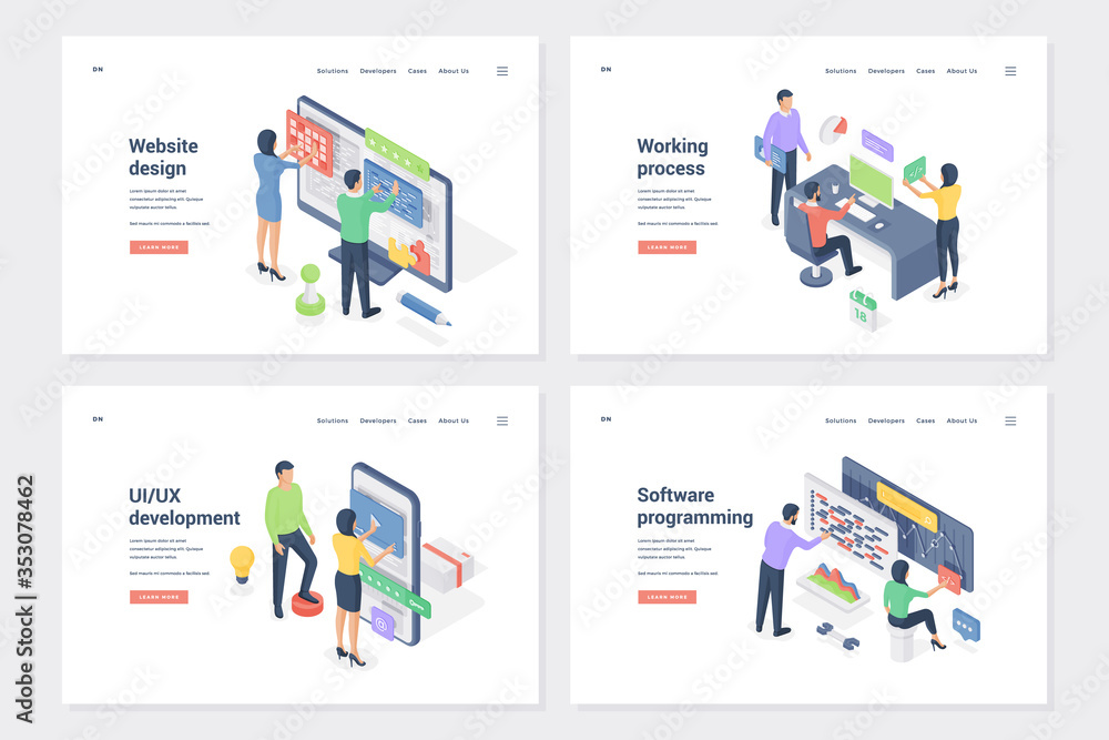 Program creation, UI, UX development isometric landing page templates set Program creation, UI, UX development isometric landing page templates set