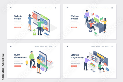 Program creation, UI, UX development isometric landing page templates set