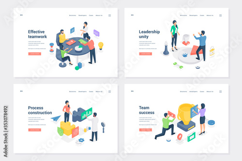 Workflow optimization stages and result isometric landing page templates set