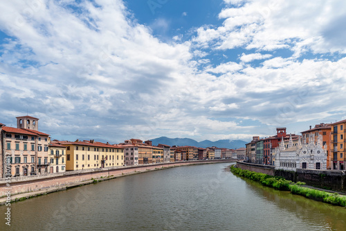 Beautiful view of the Lungarni of Pisa, Italy, of the historic center with the Church of Santa Maria della Spina from the Solferino bridge