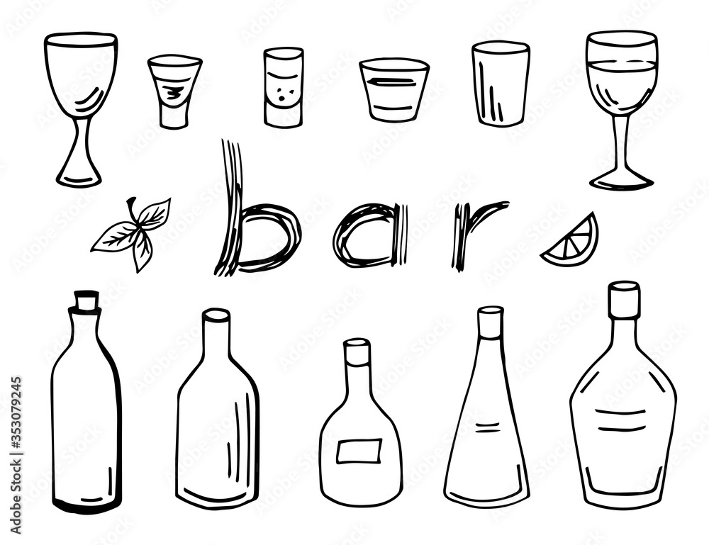 Hand-drawn black outline vector set. Bottles, glasses, the inscription bar. For the design of bar products, cafes. Hand-drawn black outline vector set. Bottles, glasses, the inscription bar. For the design of bar products, cafes.