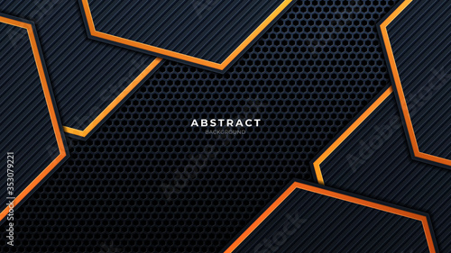 Abstract 3D black technology background overlap layers on dark space with orange light effect decoration. Modern graphic design template elements for poster, flyer, brochure, or banner