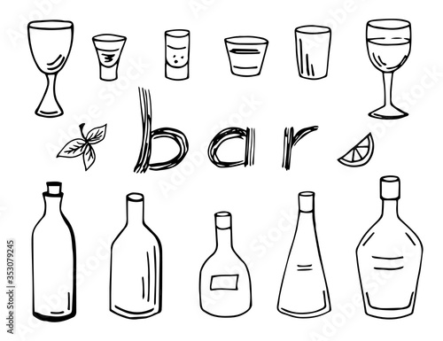 Hand-drawn black outline vector set. Bottles, glasses, the inscription bar. For the design of bar products, cafes.