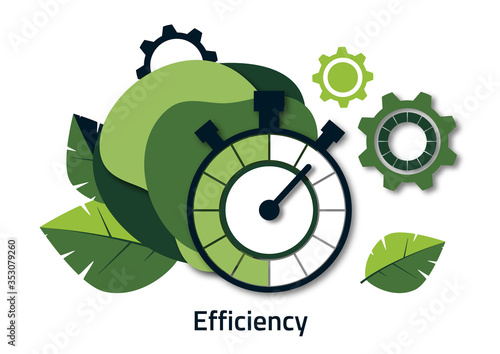 Creative icon for efficiency, productivity. Sign of a stopwatch, gears on a background of leaves. Vector