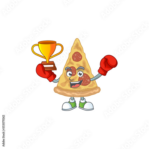 Proudly face of boxing winner slice of pizza cartoon character design