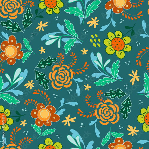 Seamless pattern of bright flowers and leaves in the Scandinavian style. Floral background for wrapping paper and scrapbooking. Design for fabric. Stock vector flat illustration.