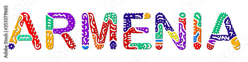 Armenia. Multicolored bright contrast isolate inscription. Colored curves doodle letters. Armenia for print on clothing, t-shirt, souvenir, booklet, banner, flyer, card, satchel. Stock vector picture.