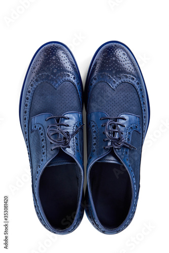 Men's classic blue soft leather shoes with perforated laces. Top view.