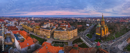 Wide panorama of Timisoara city, Romania. Timisoara at twiligh red sunset