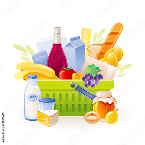 Food basket icon. Vector Supermarket shop cart, full of food. Grocery bag with product set fresh milk, fruit, vegetable, bread, wine. Cartoon store market illustration isolated on white background
