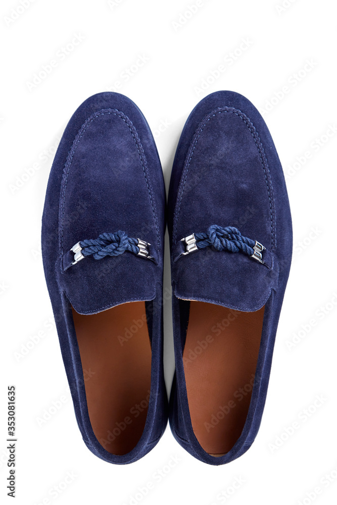 Men's classic blue suede shoes with a decorative rope buckle and a blue rubber sole. Top view.