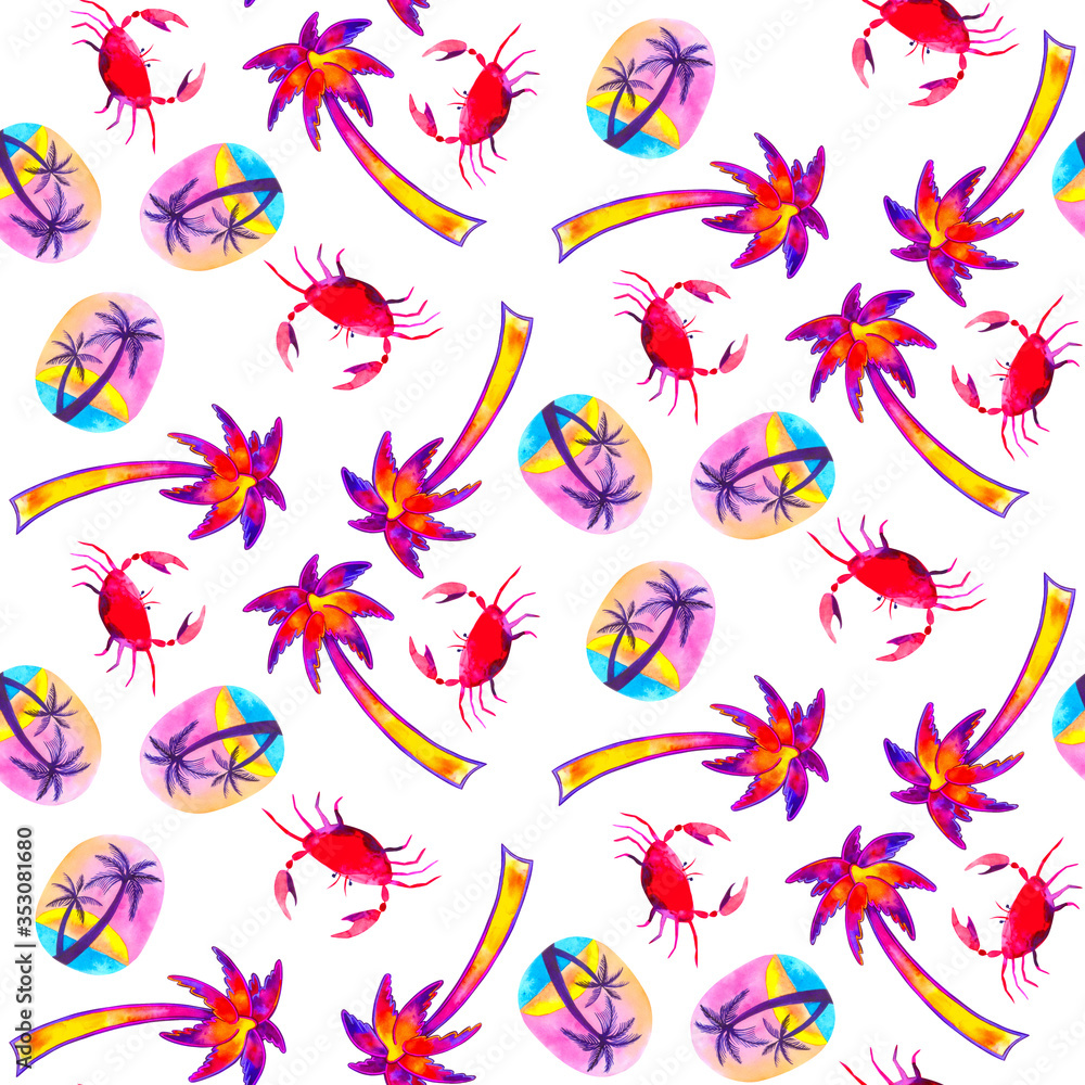 Tropical palm tree seamless pattern. Beach design. Hawaiian shirt. Bright watercolor illustration isolated on white. Tropical palm tree seamless pattern. Beach design. Hawaiian shirt. Bright watercolor illustration isolated on white.