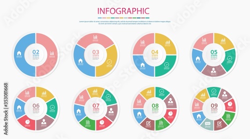 Vector infographic circle set. Business concept with 2,3,4,5,6,7,8,9 options, steps or processes .