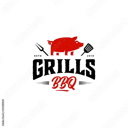 Vintage hipster Grill Barbeque ham pig pork icon invitation party barbecue bbq with crossed fork spatula and fire flame Logo design
