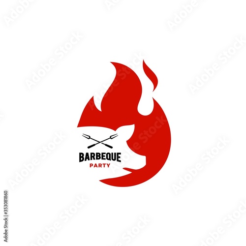 Grill Barbeque invitation party barbecue bbq with pig pork on fire flame Logo design vintage hispter