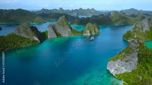 Aerial view of spectacular scenery in Raja Ampat Wayag Islands taken by drone photo