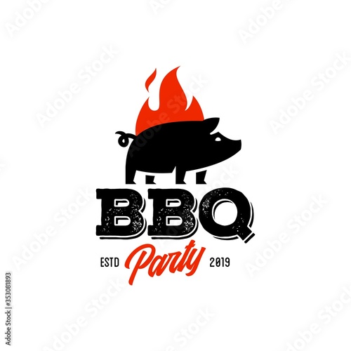 Vintage hipster Grill Barbeque pig pork icon on fire flame invitation party barbecue bbq with fork Logo design