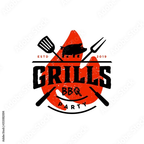 Vintage hipster Grill Barbeque ham pig pork icon invitation party barbecue bbq with crossed fork spatula and fire flame Logo design